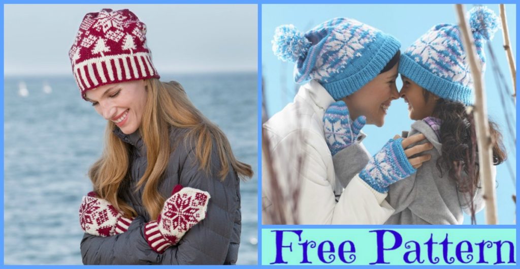diy4ever-Knit Snowflake Hat Mittens Set - Free Patterns