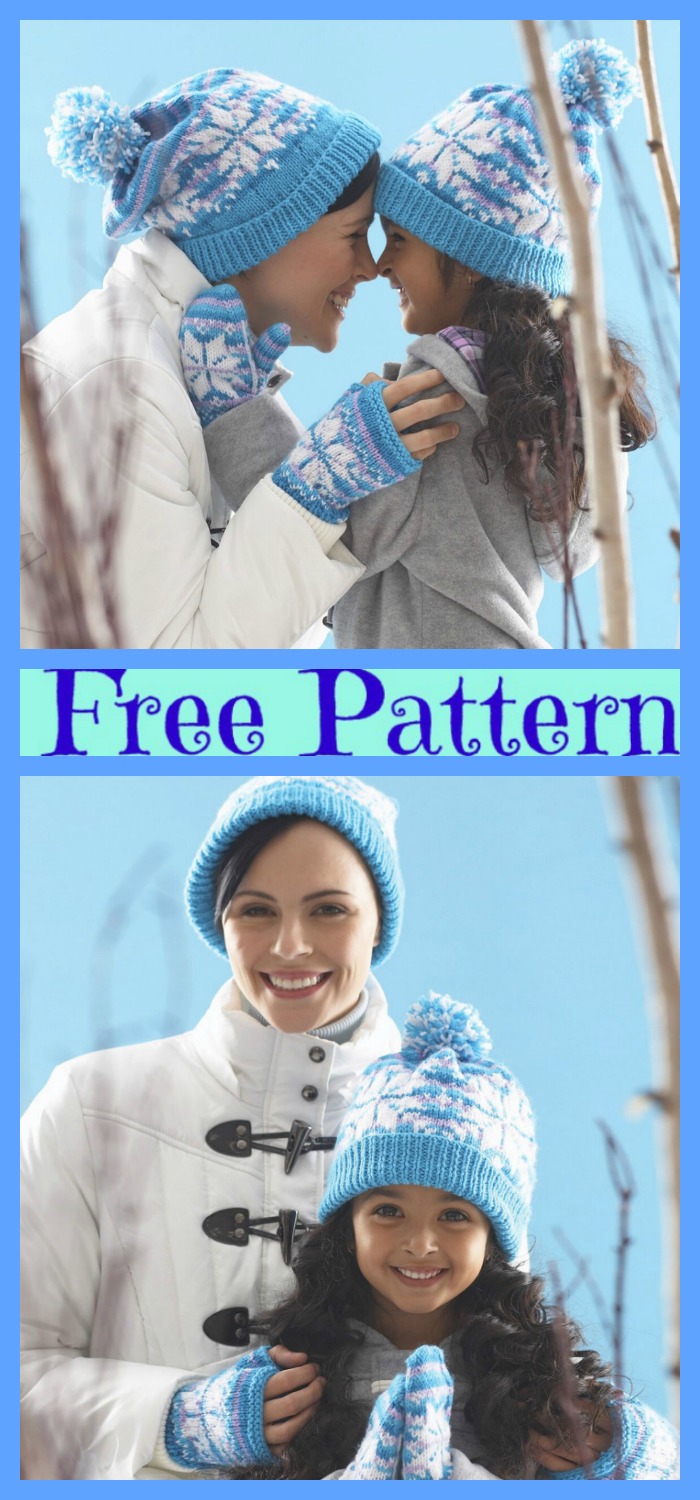 diy4ever-Knit Snowflake Hat Mittens Set - Free Patterns 