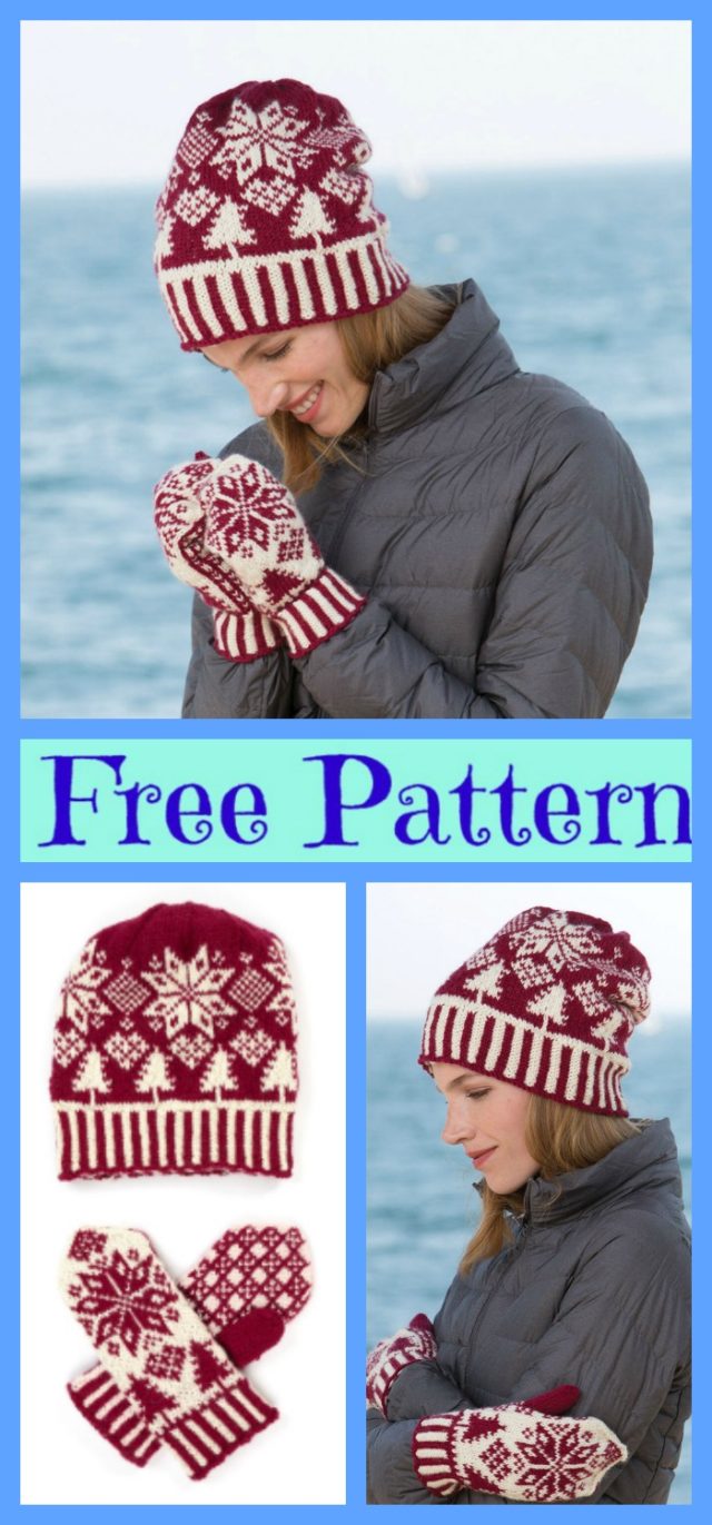 Knit Snowflake Hat Mittens Set Free Patterns DIY 4 EVER